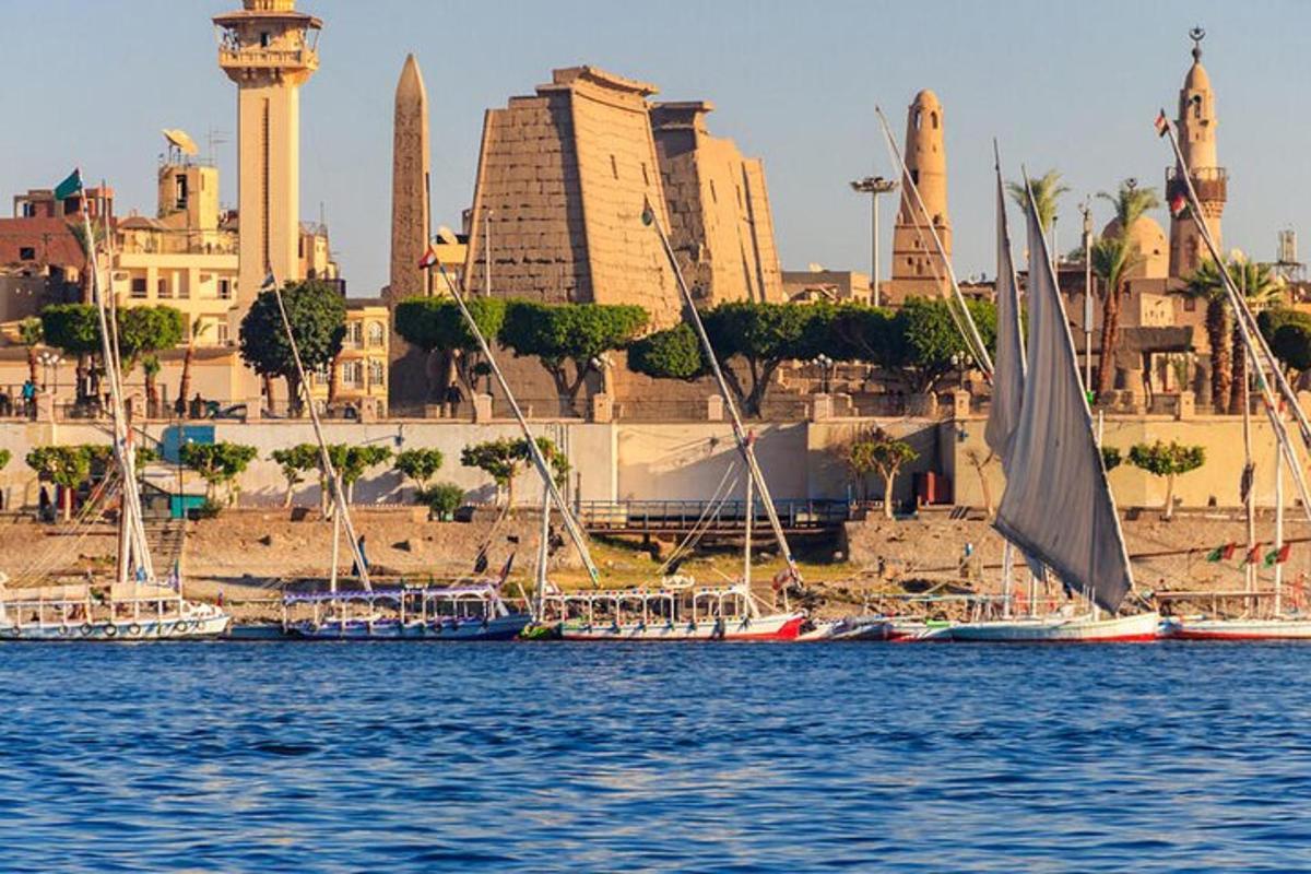 a group of boats in a body of water with a city
