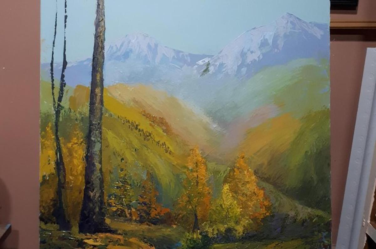 a painting of a valley with trees and mountains