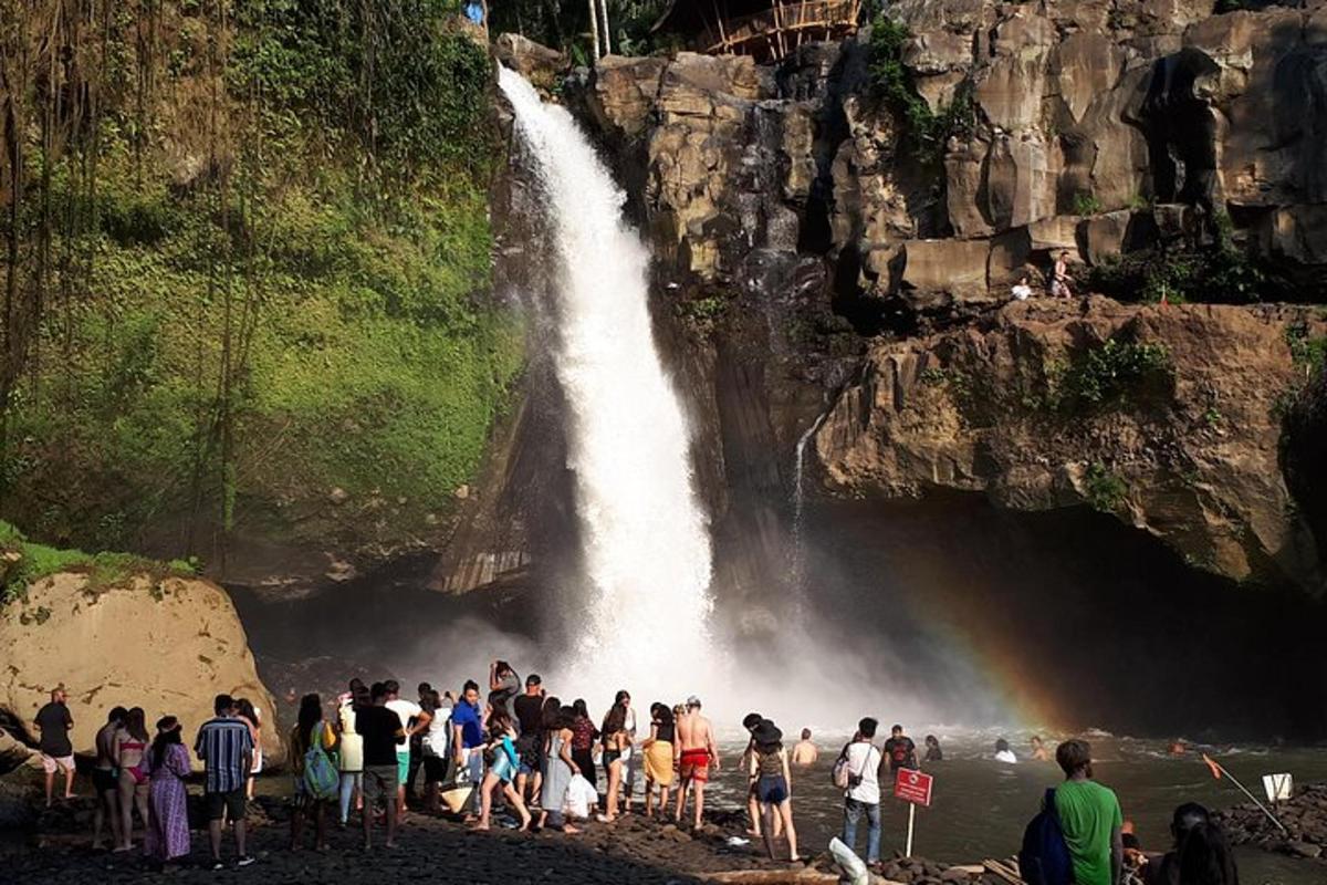 een groep mensen die voor een waterval staan