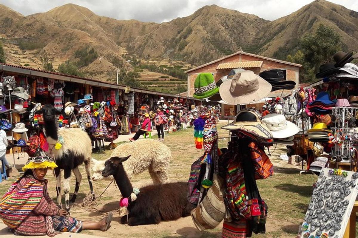 een groep mensen die rond een markt staan met schapen