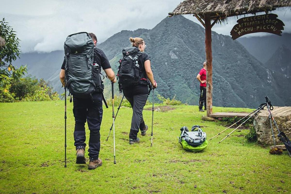 two people with backpacks walking on a grassy field