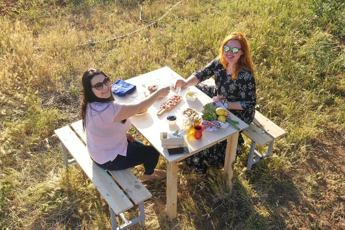 dvě ženy sedící u piknikového stolu na poli