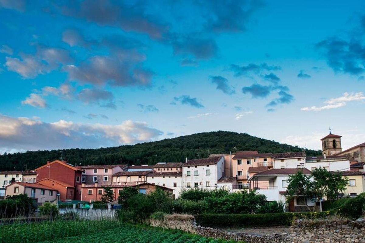un gruppo di edifici di fronte a una montagna