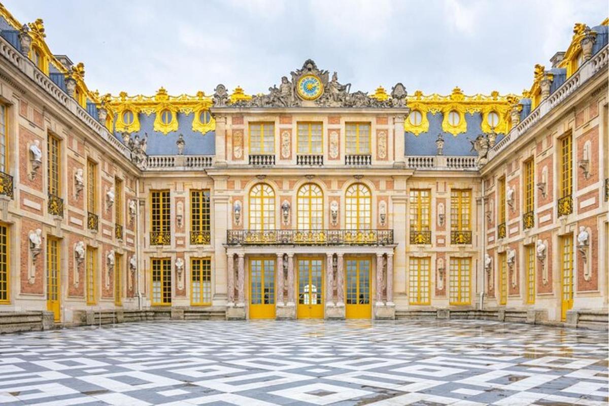a large building with yellow and blue