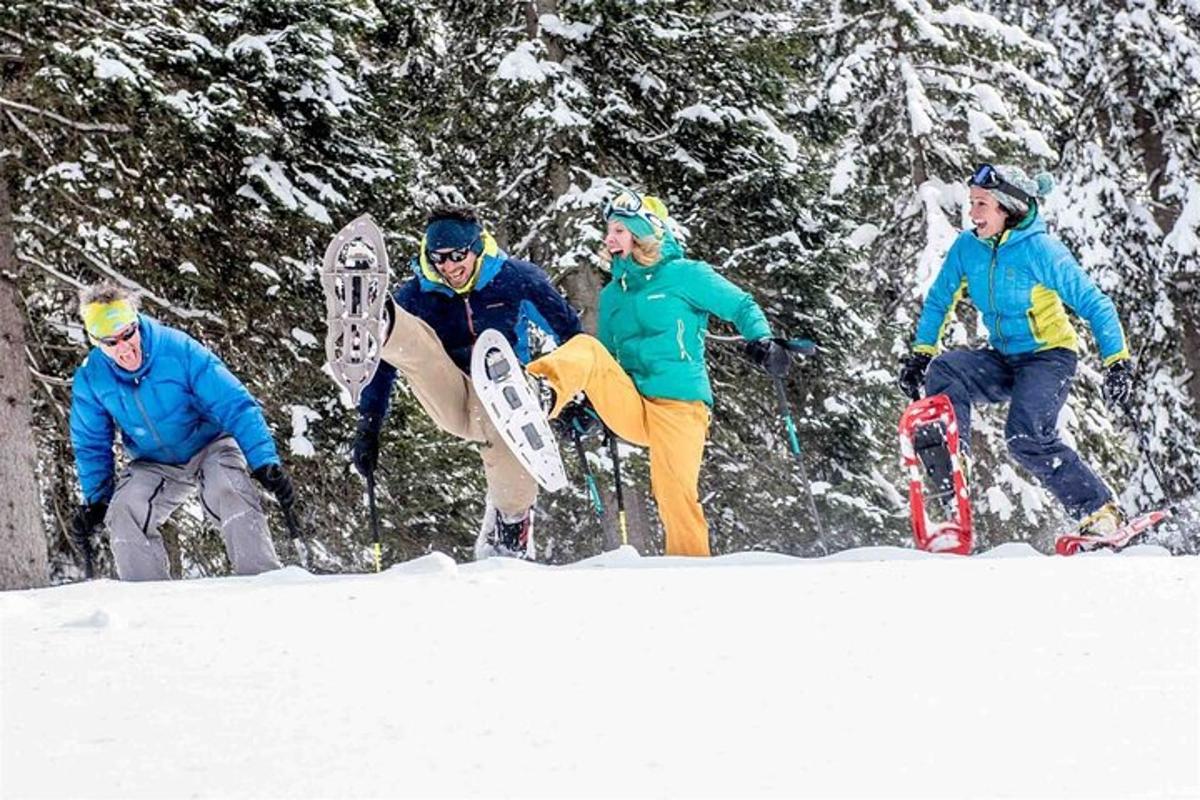 a group of people jumping in the snow with snowboards