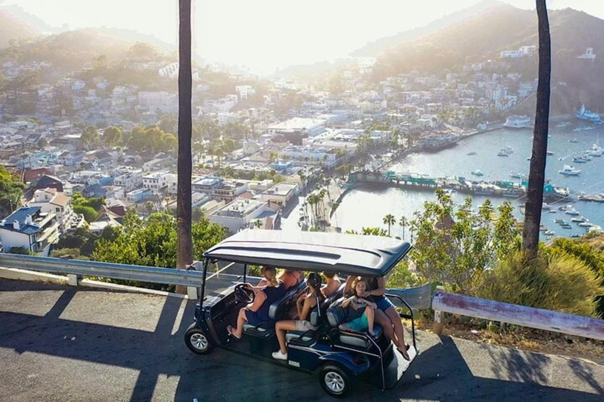 a group of people riding a golf cart