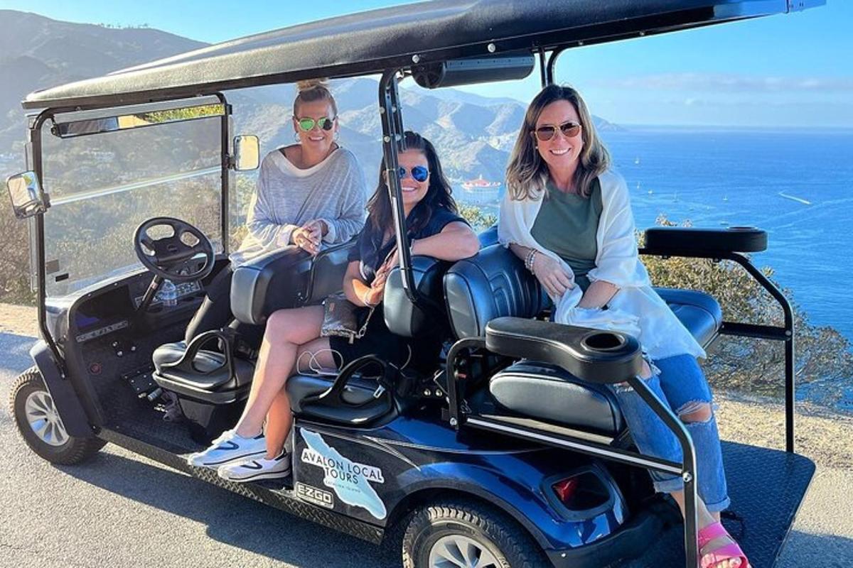 a group of people sitting in a golf cart
