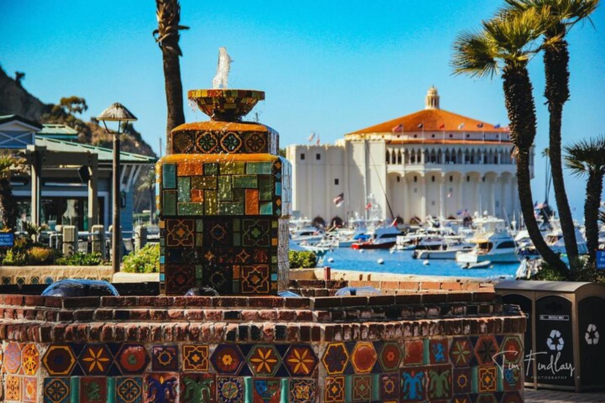a fountain in front of a marina with palm trees