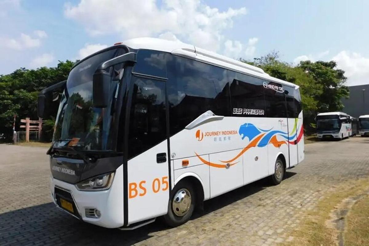 a white bus parked in a parking lot