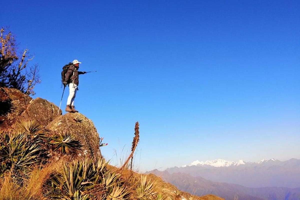 Un hombre parado en la cima de una roca con una mochila.