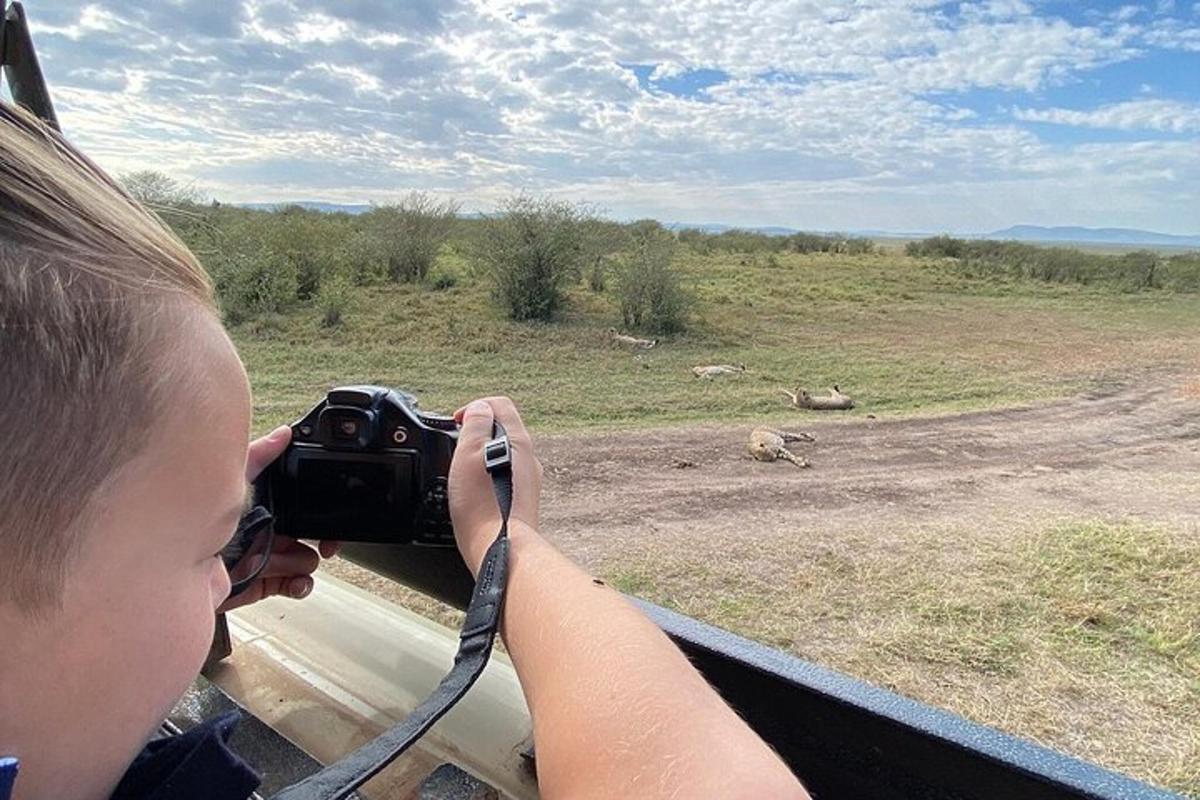 žena fotící lva fotoaparátem