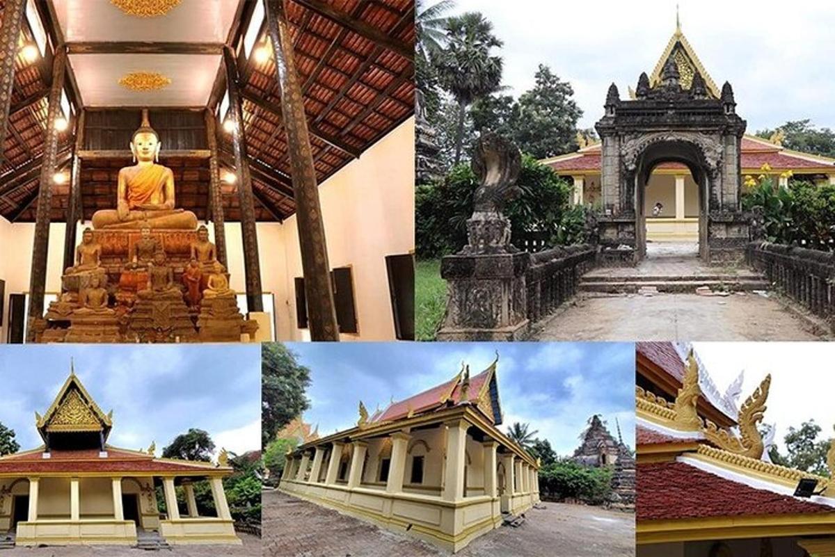 a collage of photos of a building and a temple