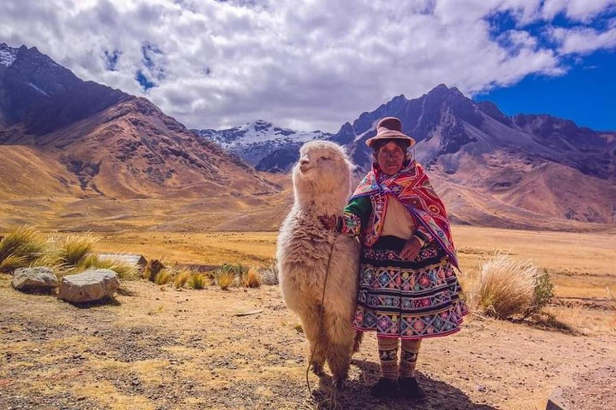 una dona dempeus al costat d'una llama a les muntanyes