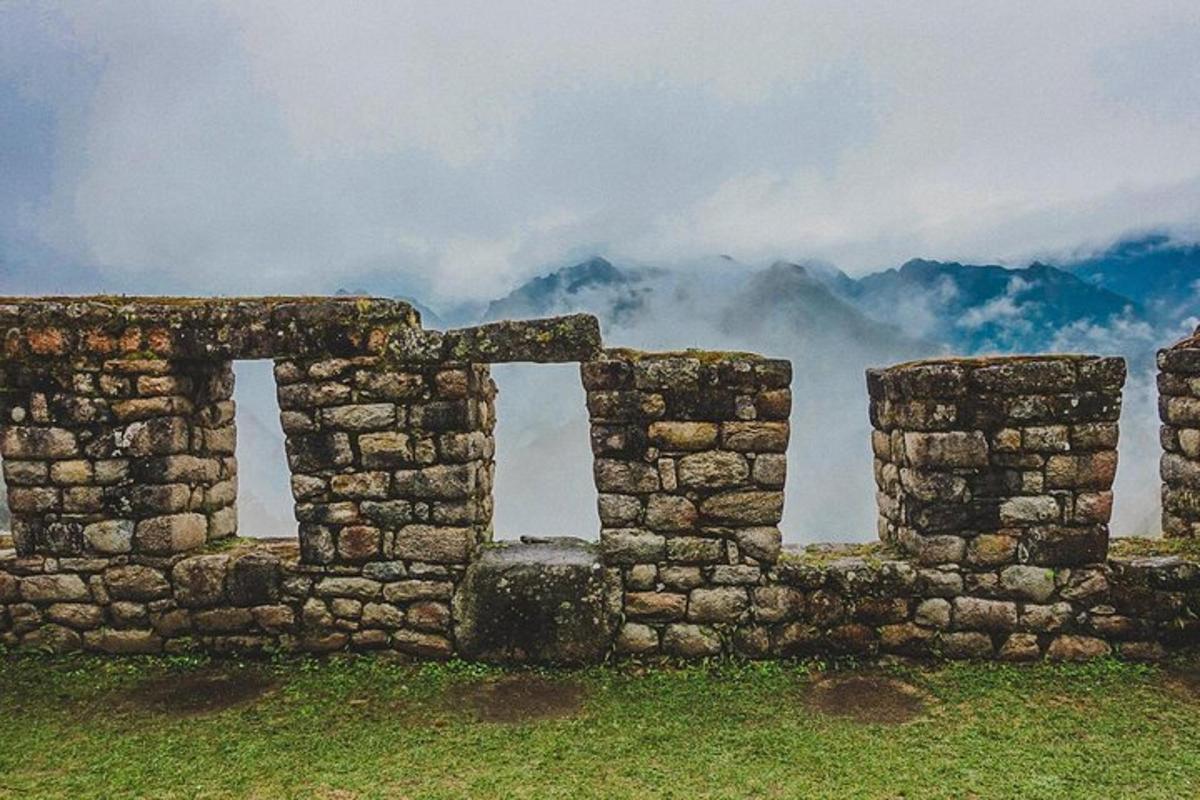 un muro di pietra con due finestre in un campo