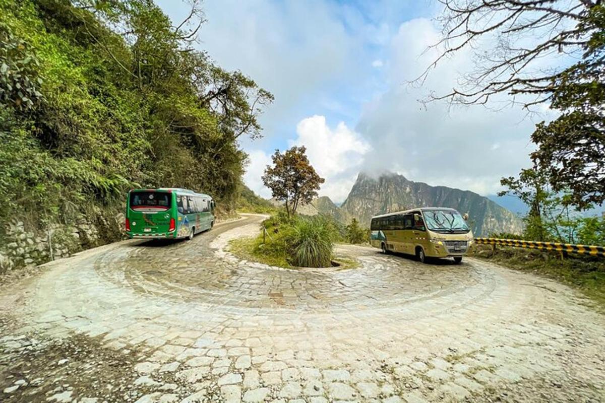 due autobus su una strada sterrata su una montagna