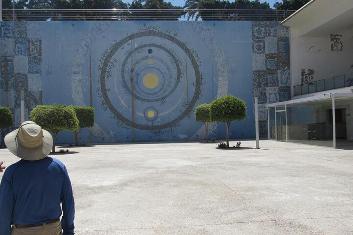un home dret davant d'una paret amb un mural