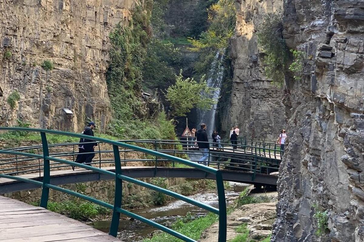 μια ομάδα ανθρώπων που περπατούν σε μια γέφυρα κοντά σε ένα βουνό