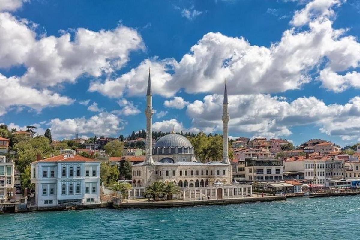 una vista di una città dall'acqua con moschee