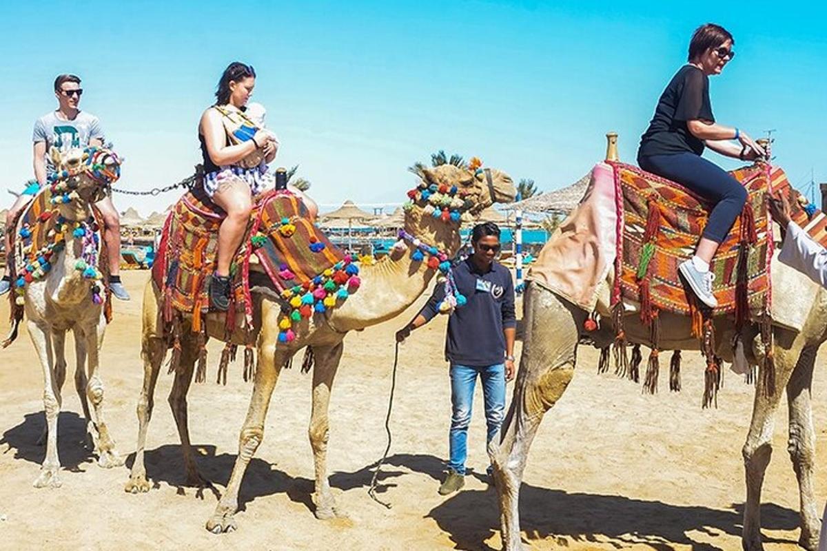 a group of people riding on the backs of camels