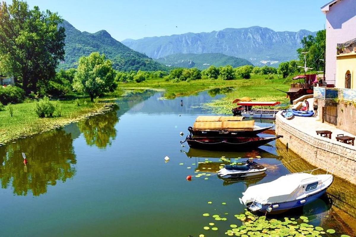 dois barcos estão atracados em um rio com montanhas ao fundo