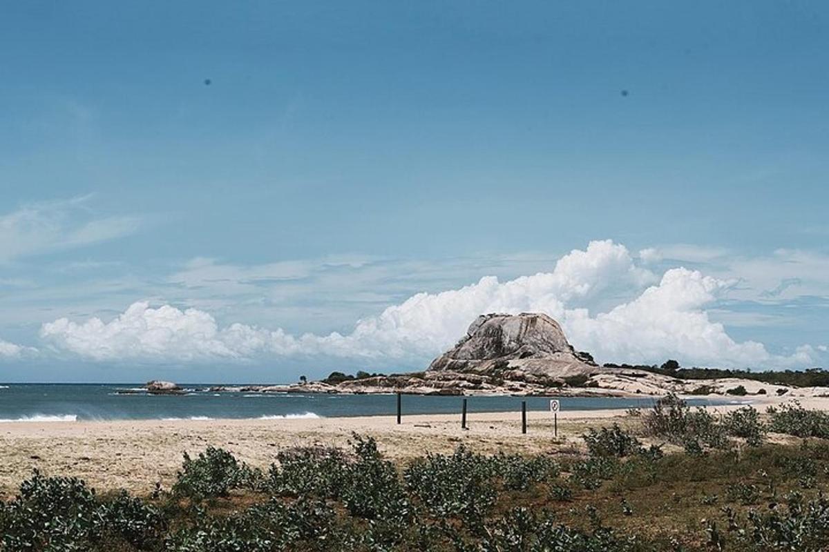 a beach with a large rock in the ocean
