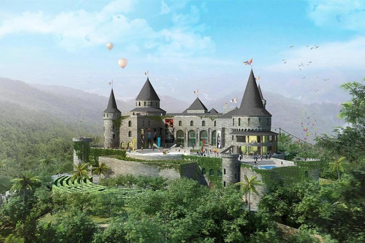 iki sıcak hava balonunun bulunduğu bir kalenin çizimi
