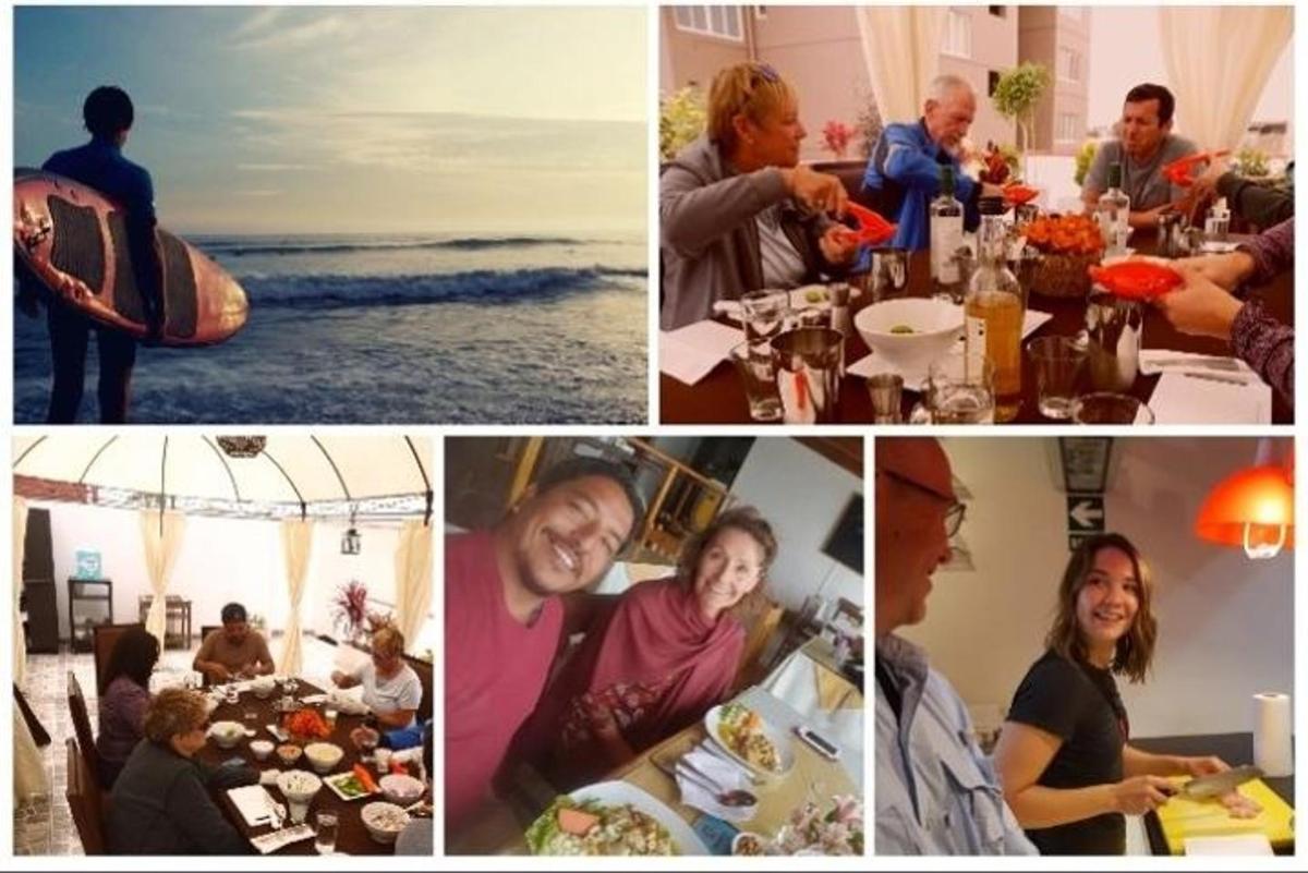 Un collage de fotografías de personas comiendo en un restaurante.