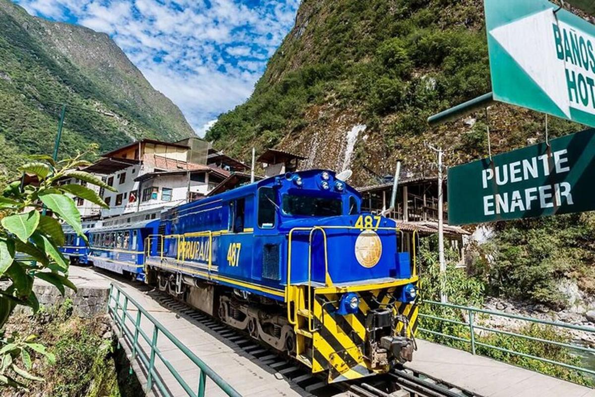 Un tren azul y amarillo está en las vías