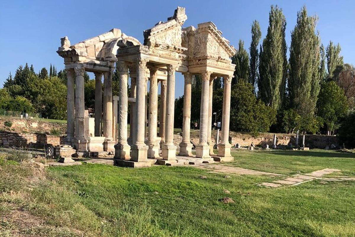 un edifici antic amb columnes en un camp