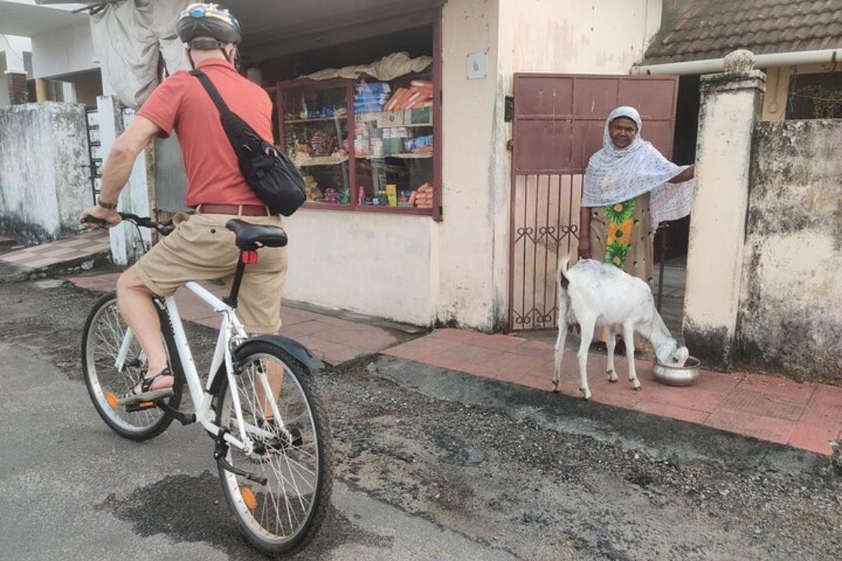 a man riding a bike next to a woman with a dog