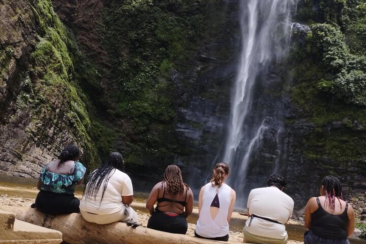 Un grupo de personas sentadas en una roca frente a una cascada.