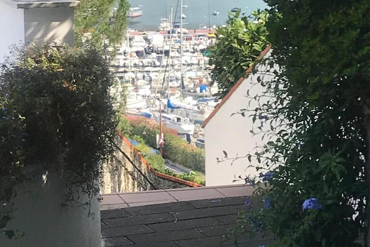 una vista di un porto con un porto turistico con barche