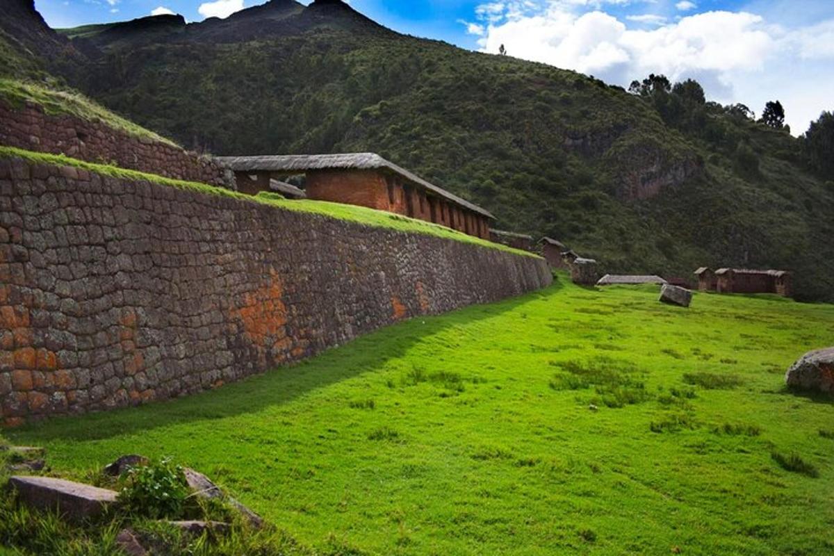 un muro con un campo verde accanto a una montagna