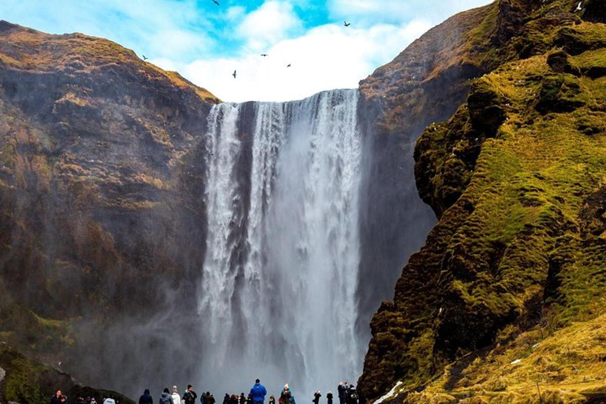 hópur fólks stendur fyrir framan foss