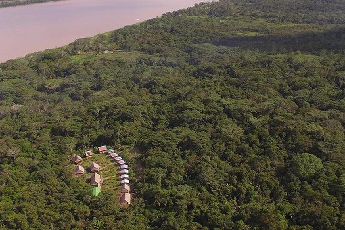 an aerial view of a hill with trees and a building