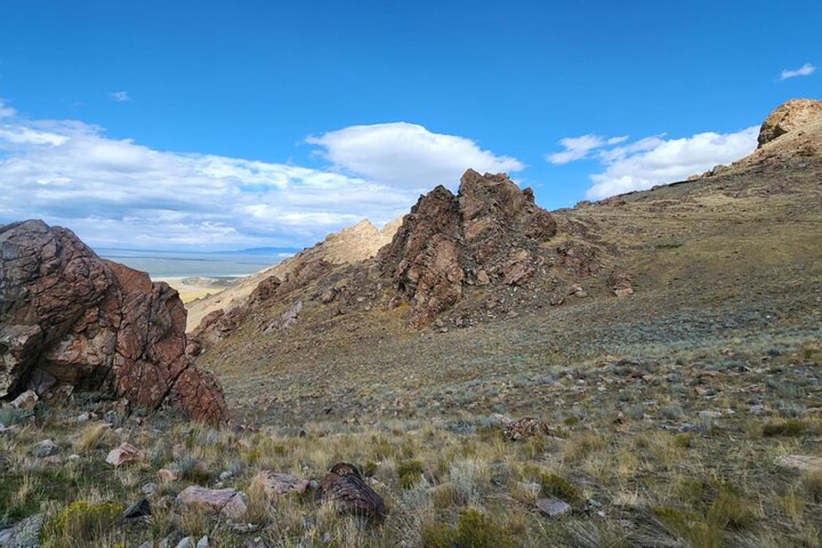 a view of a mountain with rocks in a field