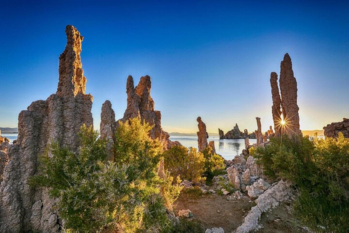 a group of tall rocks on a beach with the ocean