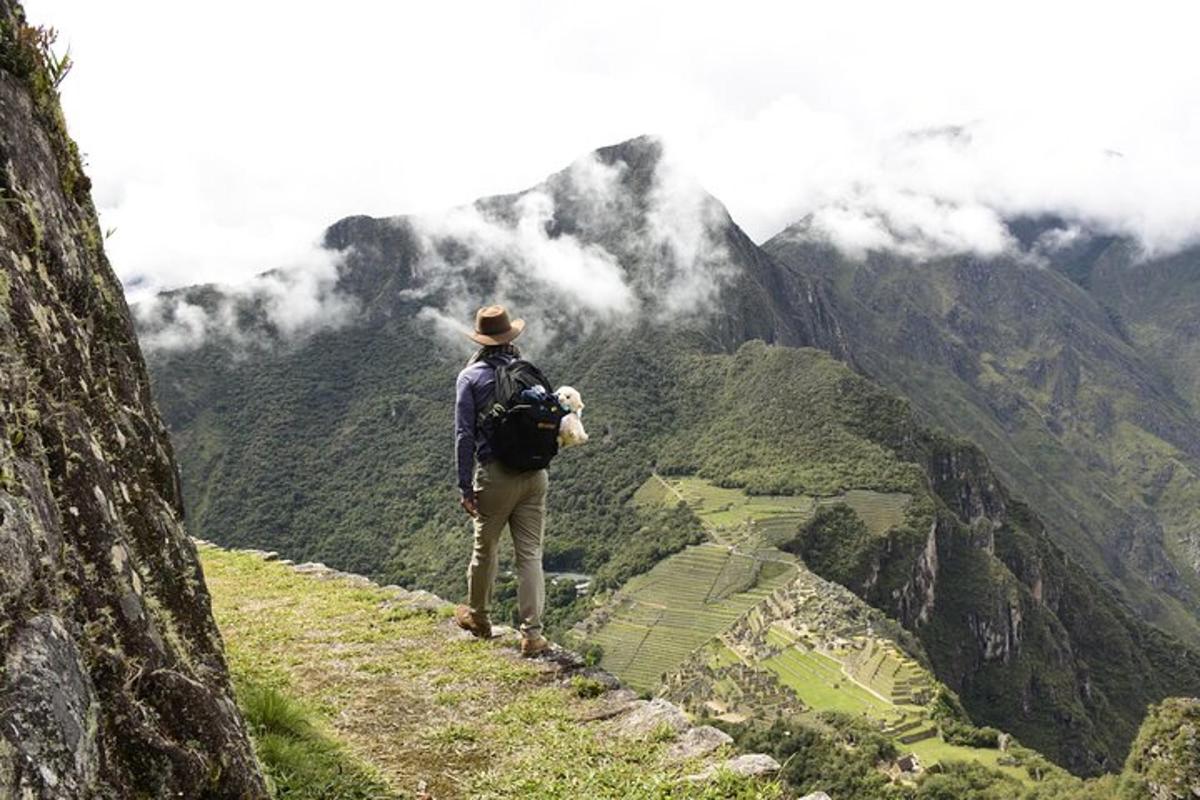un uomo in piedi sulla cima di una montagna che guarda una valle