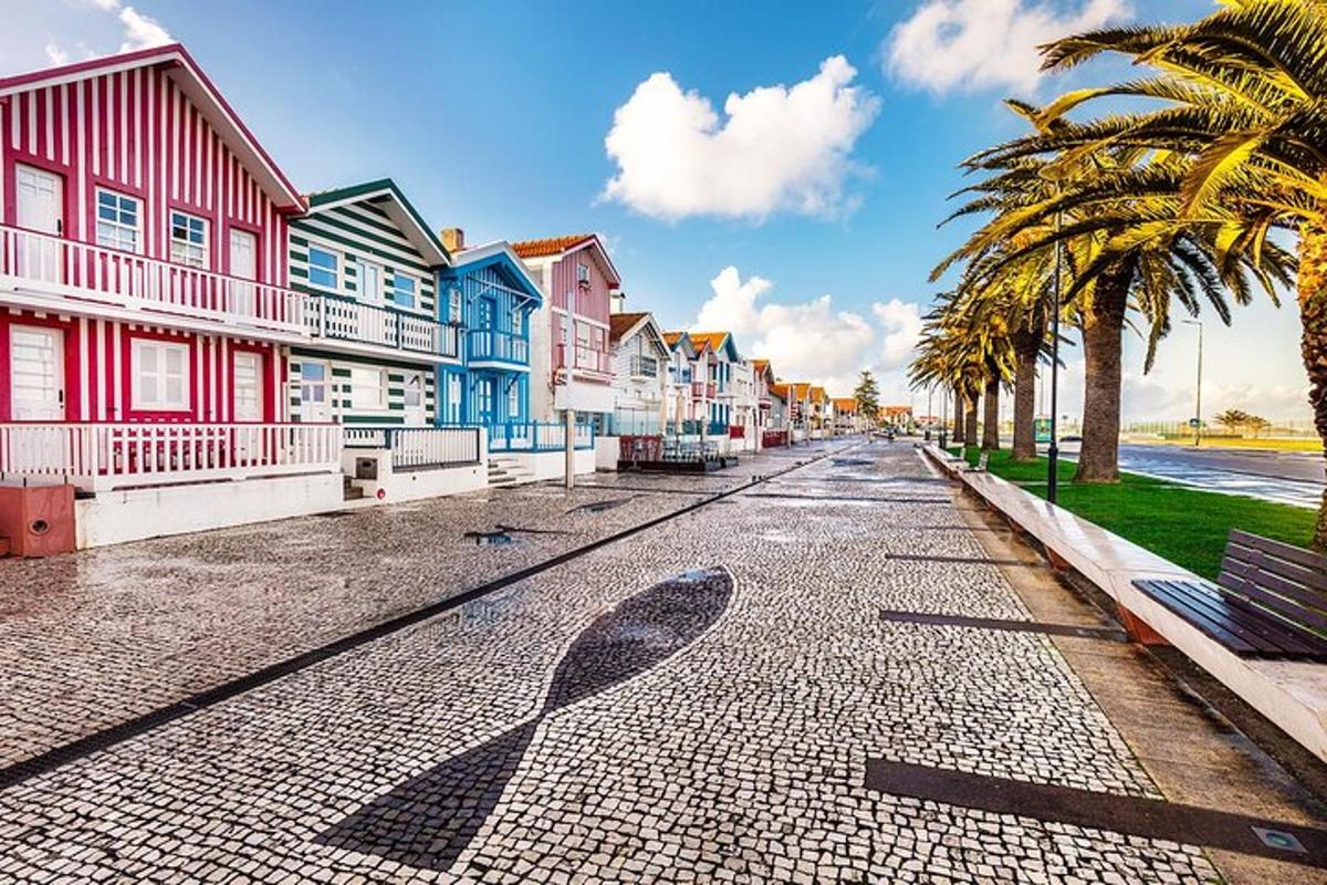 una strada acciottolata con case colorate e palme