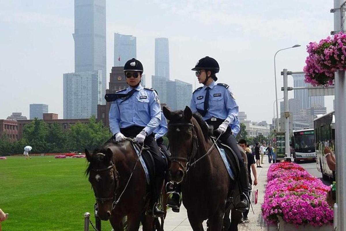 two police officers riding on horses in a city