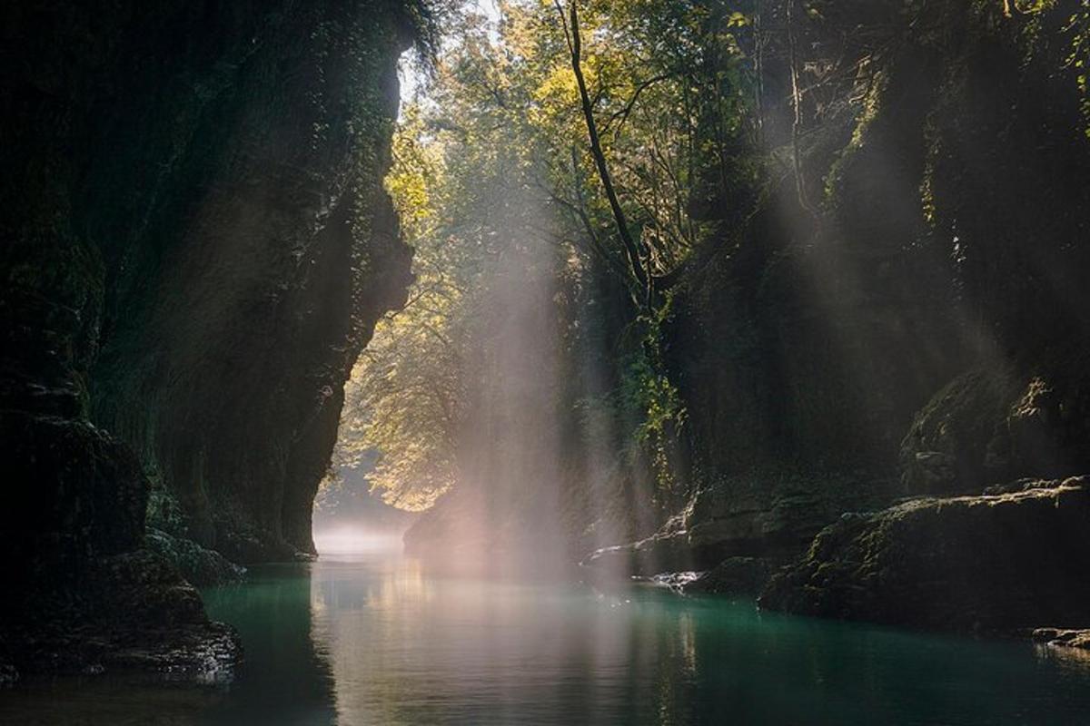 air terjun di tengah sungai dalam hutan