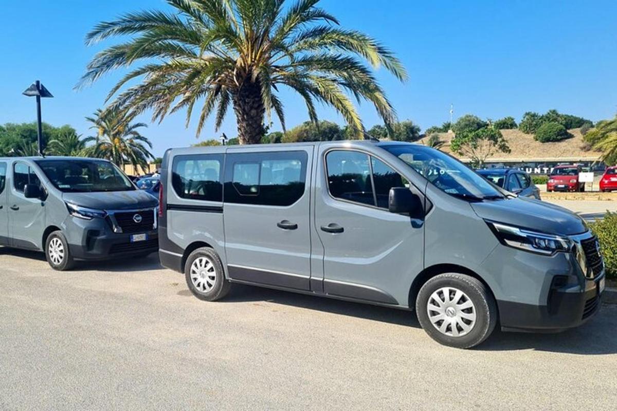 két ezüst furgon parkolt egy pálmafával körülvett parkolóban