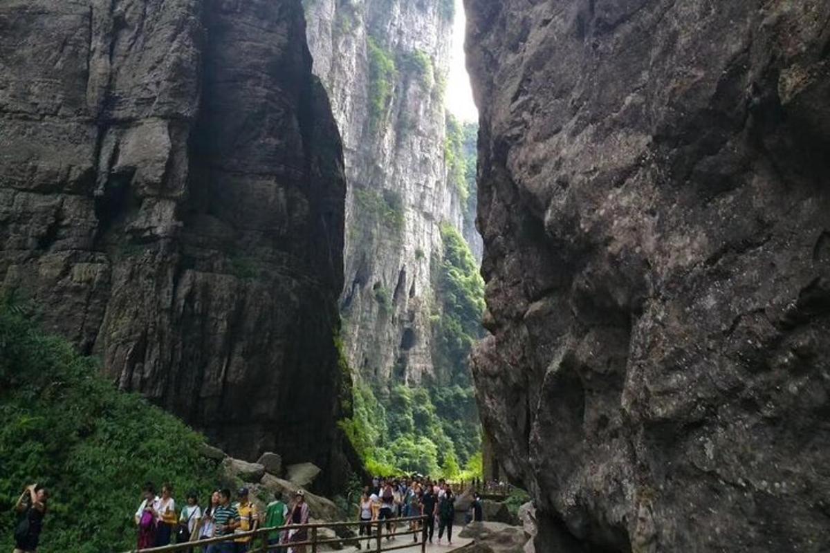 a group of people standing on a bridge in a canyon