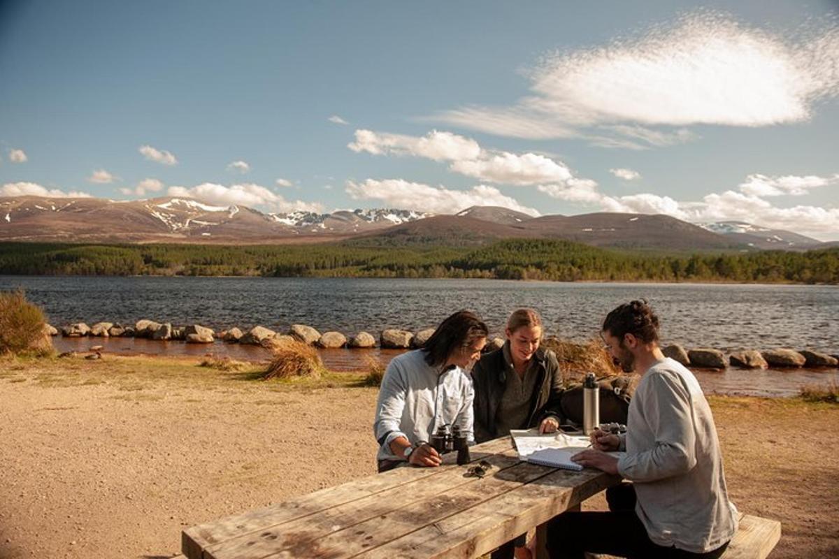 Þrjár konur sitja við lautarborð nálægt vatni