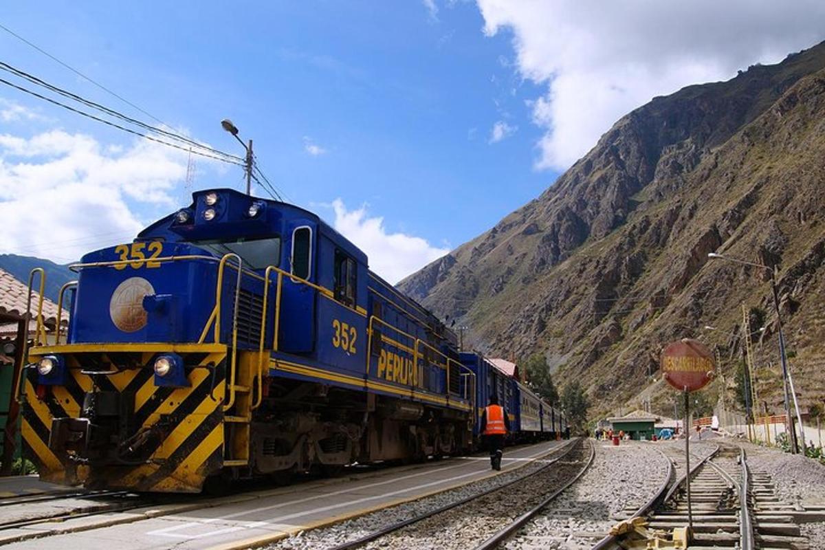un treno blu e giallo sui binari vicino a una montagna