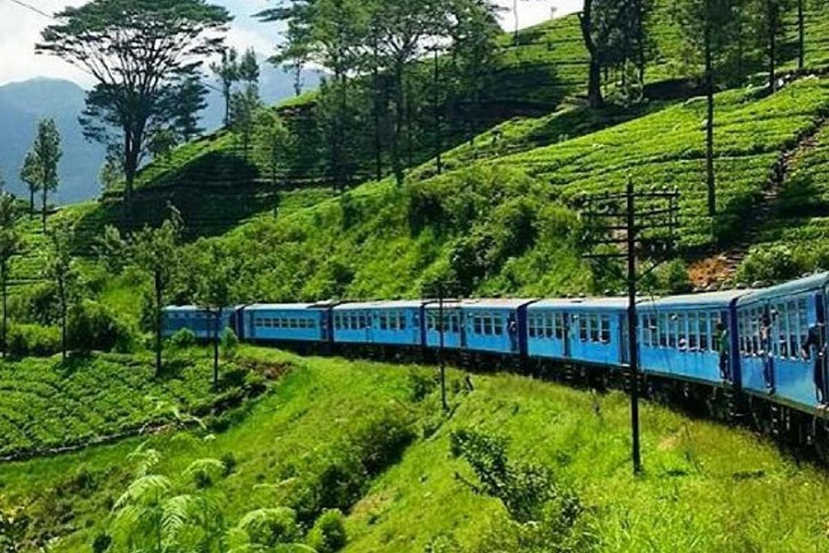 a blue train traveling through a green hillside
