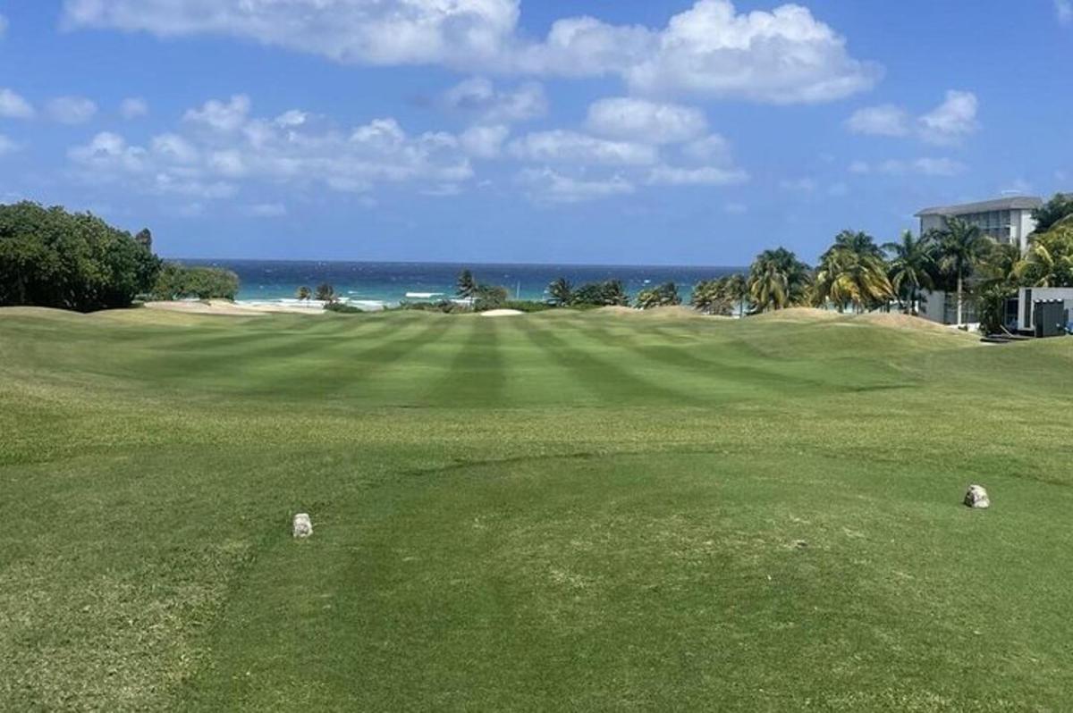 un teren de golf verde cu oceanul în fundal