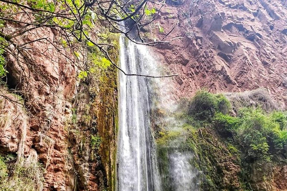 un dipinto di una cascata in un canyon