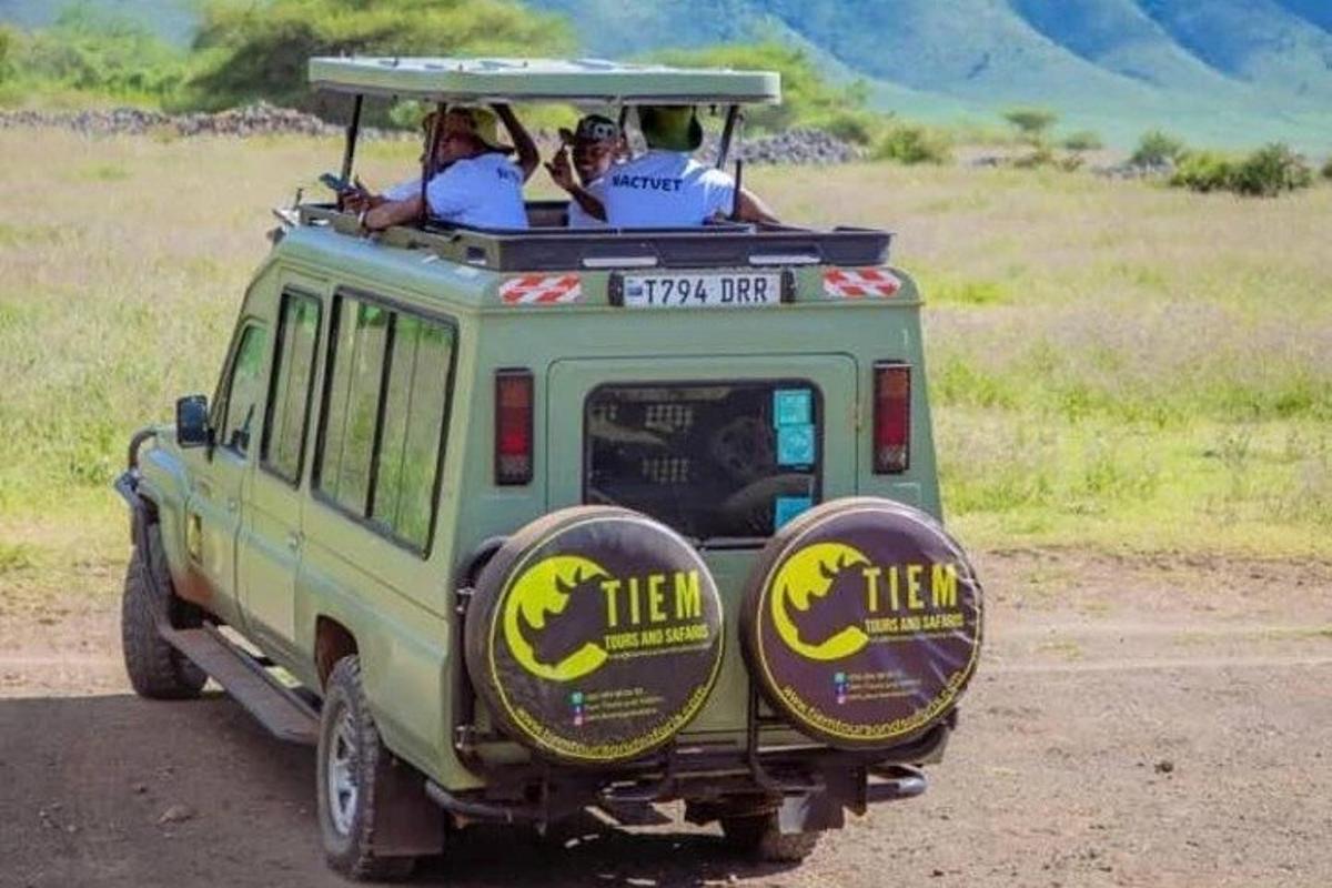 a green jeep with people riding in the back