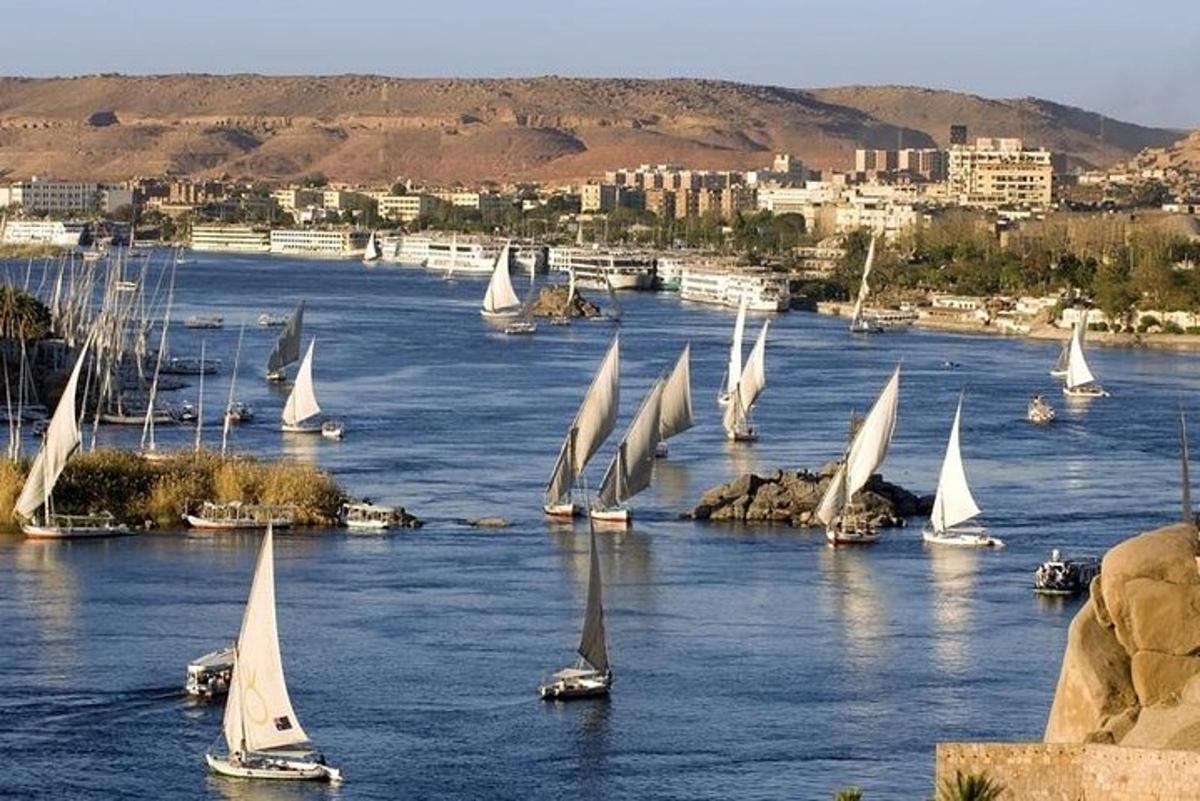 مجموعة من القوارب الشراعية على نهر مع مدينة
